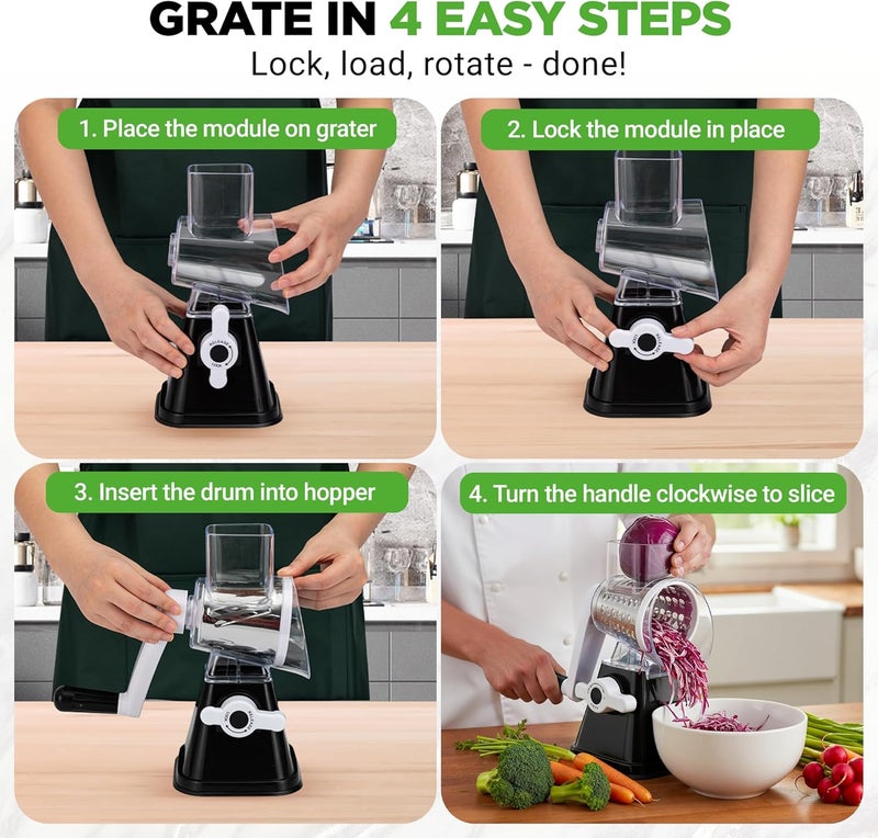 NutriChef 3 in 1 Cheese Grater & Shredder | Strong Suction Base, Rotary Handle with Safety Lock | Includes Hand Crank & 3 Drum Blades for 3 Textures, Fine, Medium & Strips | Black - Image 2